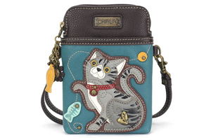 Chala Cellphone Xbody: Gray Tabby Cat - Turquoise